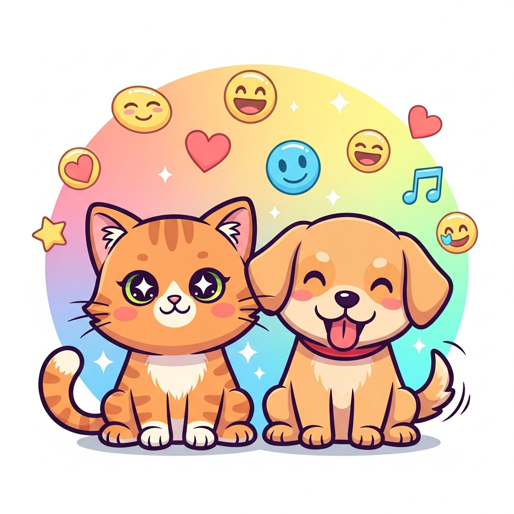 Adorable cartoon cat and dog sitting together surrounded by floating emoji symbols, cheerful and cute illustration style, warm pastel background, playful