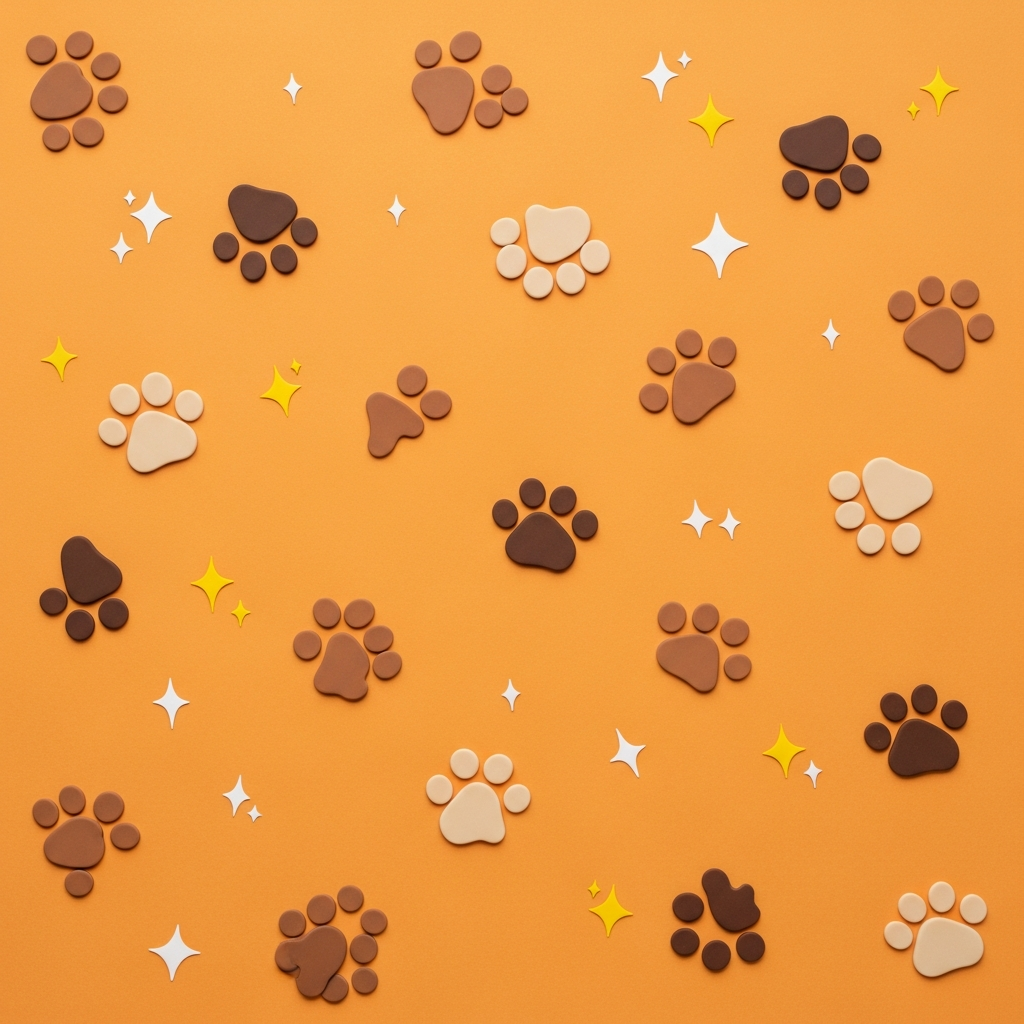 Cute cartoon paw prints and sparkle stars scattered playfully on a warm orange background, minimal illustration style