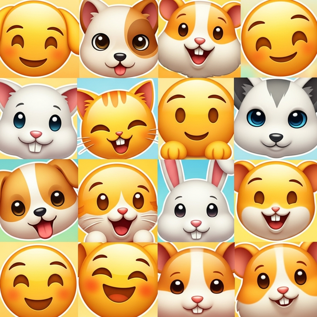 A collage of cute cartoon emoji faces of different pets — dog, cat, rabbit, hamster — in a playful grid, bright warm colours, emoji style illustration