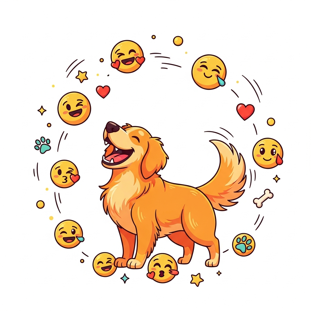 Cute cartoon-style emoji pack floating around a happy golden retriever dog, bright warm orange and yellow colours, playful illustrative style, white background, cheerful and fun