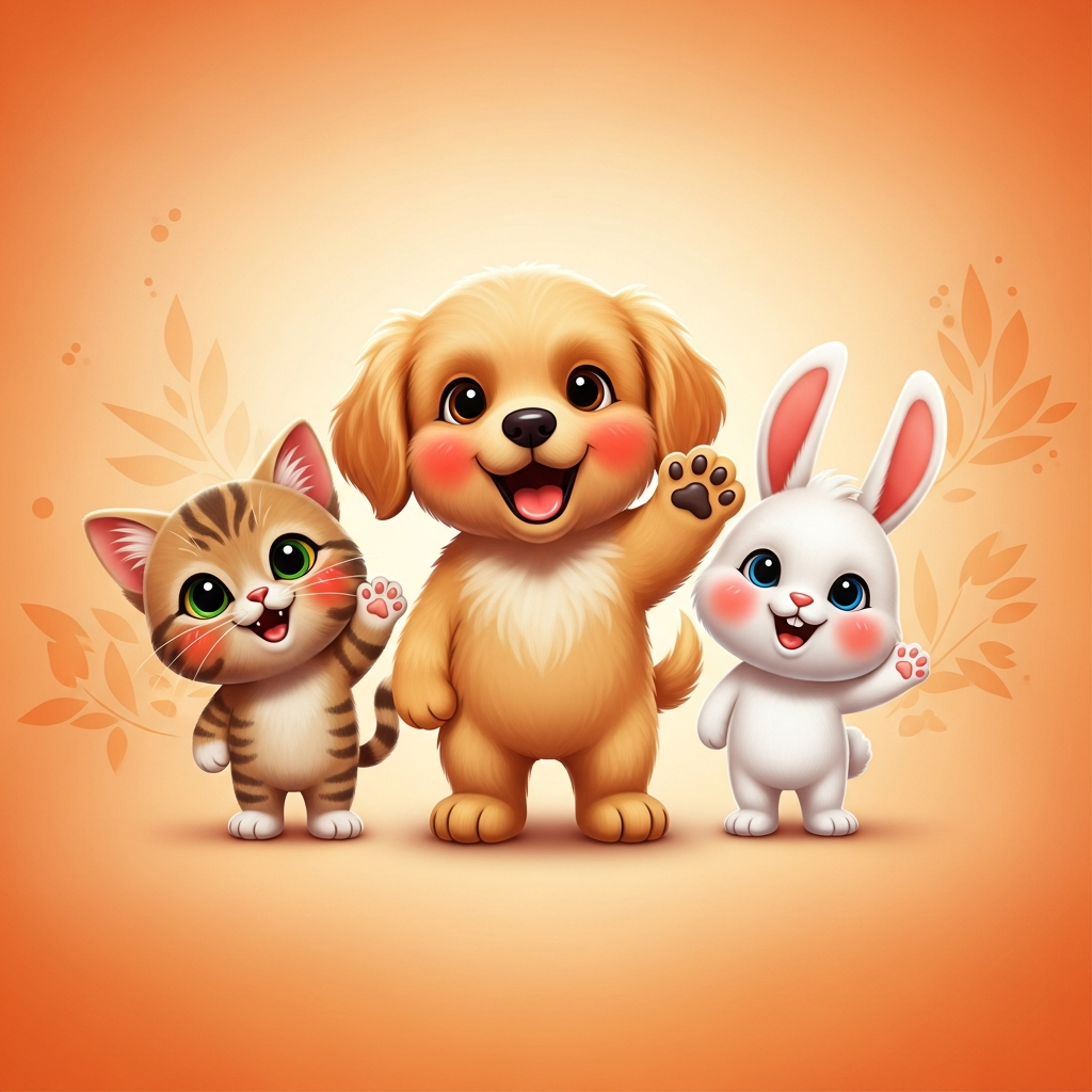 Group of cartoon cute pets waving — dog, cat, bunny — cheerful playful illustration, warm orange tones