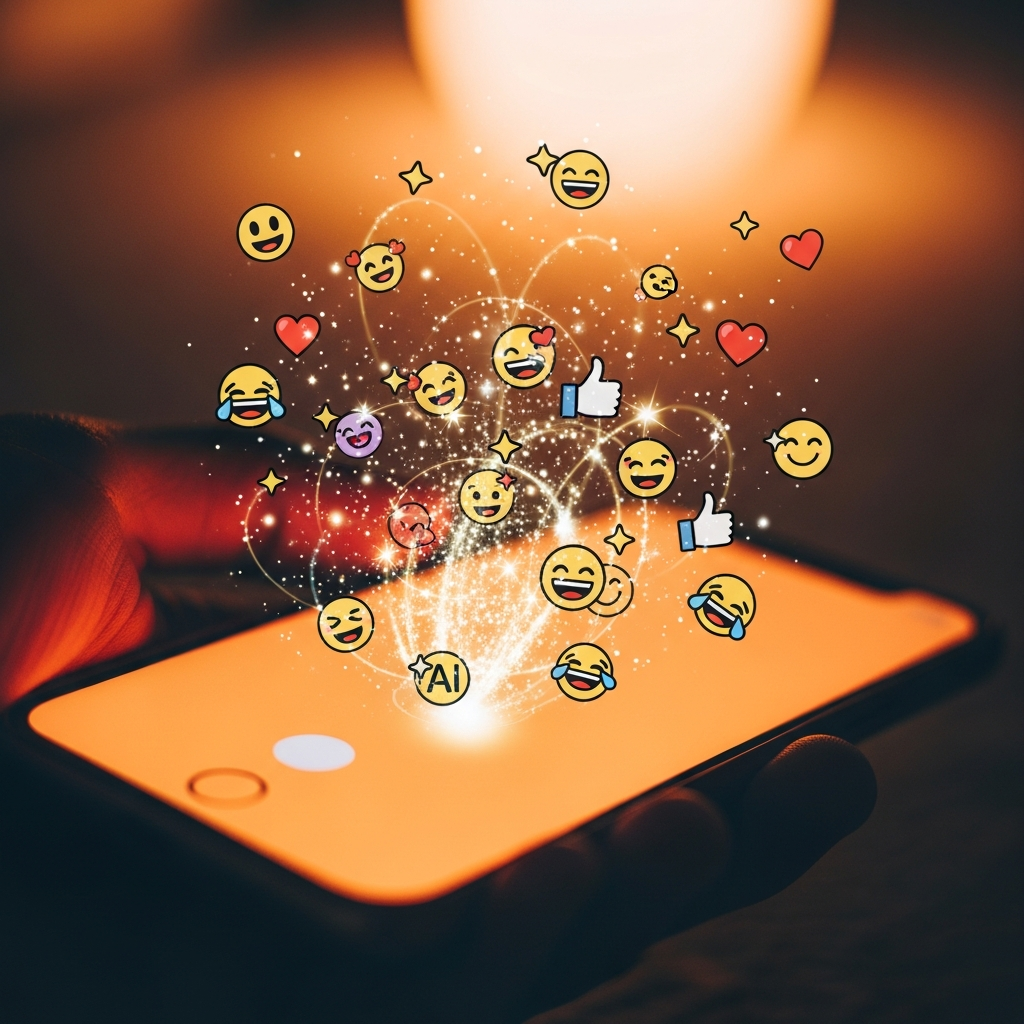 AI magic sparkles and emoji symbols being generated on a phone screen, cute cartoon style, warm orange glow, playful and fun
